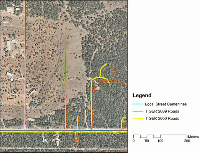 Comparison of TIGER data and local street centerlines for a rural area in Bernalillo County, NM