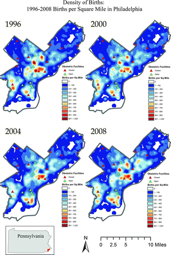 Evolution of density of Philadelphia residential births during the period of closures including open and closed facilities.