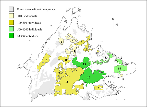Distribution and Size of the 16 Major Orangutan Populations Identified during the Surveys in Sabah, Malaysia, Borneo