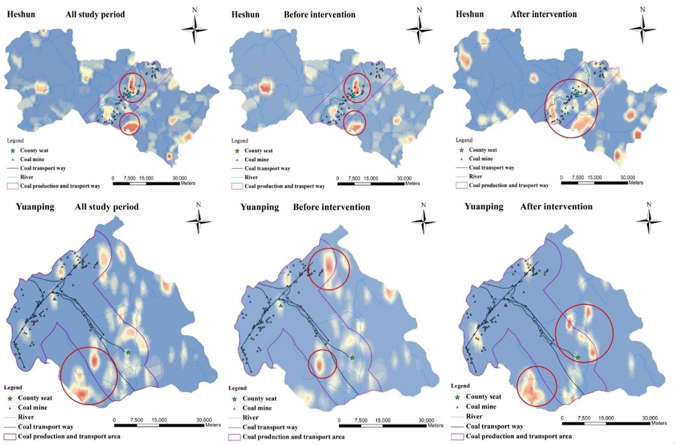 Cluster areas of Neural Tube Defects in Heshun County and Yuanping County.